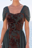 Dark Green Floral A Line Long Velvet Holiday Dress with Sleeves