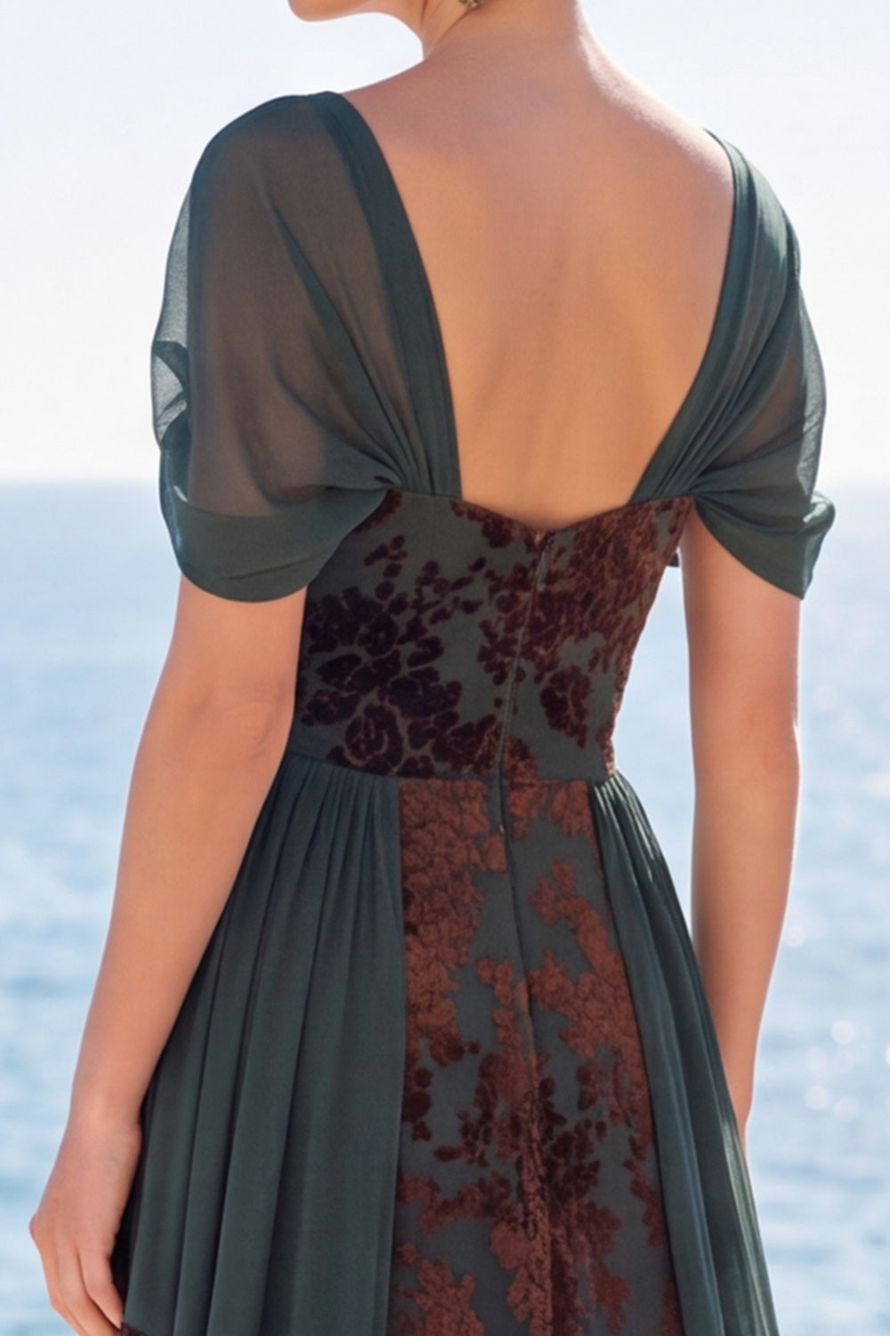 Dark Green Floral A Line Long Velvet Holiday Dress with Sleeves