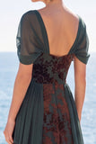 Dark Green Floral A Line Long Velvet Holiday Dress with Sleeves