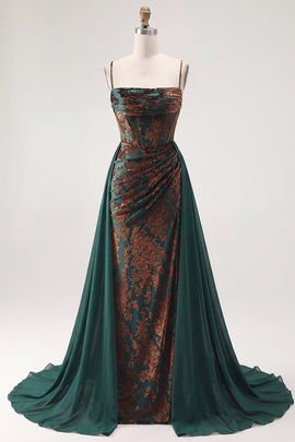 Dark Green Corset Floral Sheath Long Velvet Holiday Dress with Cape