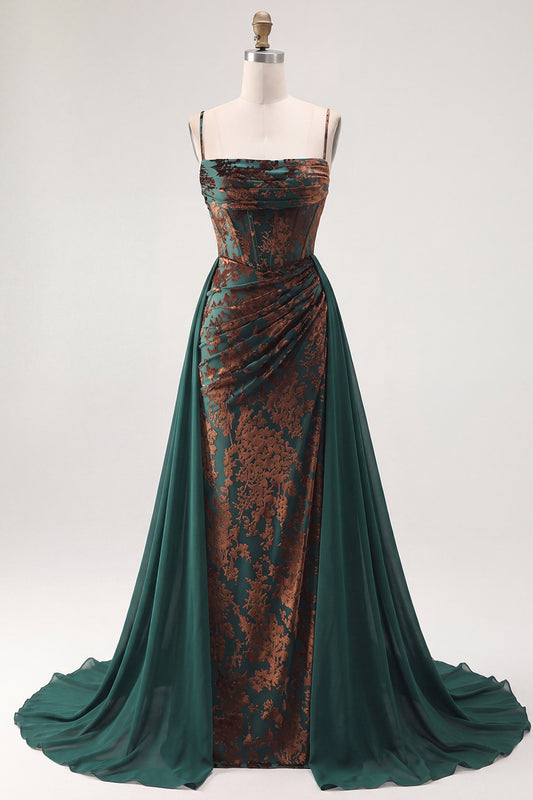 Dark Green Corset Floral Sheath Long Velvet Holiday Dress with Cape