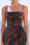 Dark Green Corset Floral Sheath Long Velvet Holiday Dress with Cape