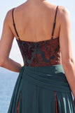 Dark Green Floral A Line Ruched Corset Long Velvet Holiday Dress