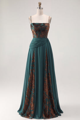 Dark Green Floral A Line Ruched Corset Long Velvet Holiday Dress