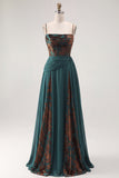 Dark Green Floral A Line Ruched Corset Long Velvet Holiday Dress