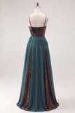 Dark Green Floral A Line Ruched Corset Long Velvet Holiday Dress