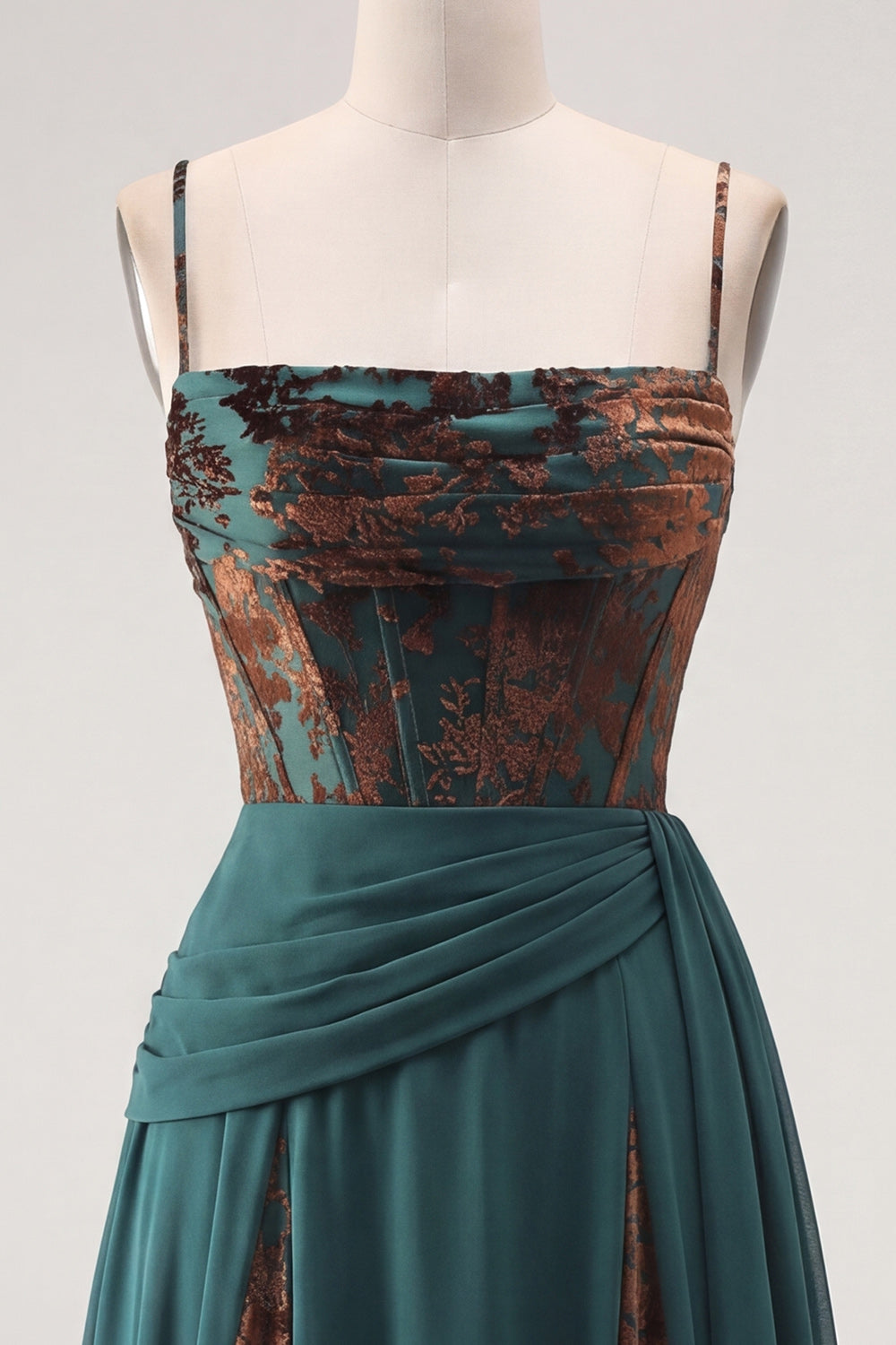 Dark Green Floral A Line Ruched Corset Long Velvet Holiday Dress