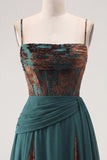 Dark Green Floral A Line Ruched Corset Long Velvet Holiday Dress