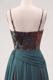 Dark Green Floral A Line Ruched Corset Long Velvet Holiday Dress