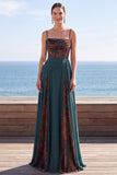 Dark Green Floral A Line Ruched Corset Long Velvet Holiday Dress