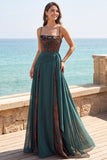 Dark Green Floral A Line Ruched Corset Long Velvet Holiday Dress