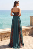 Dark Green Floral A Line Ruched Corset Long Velvet Holiday Dress