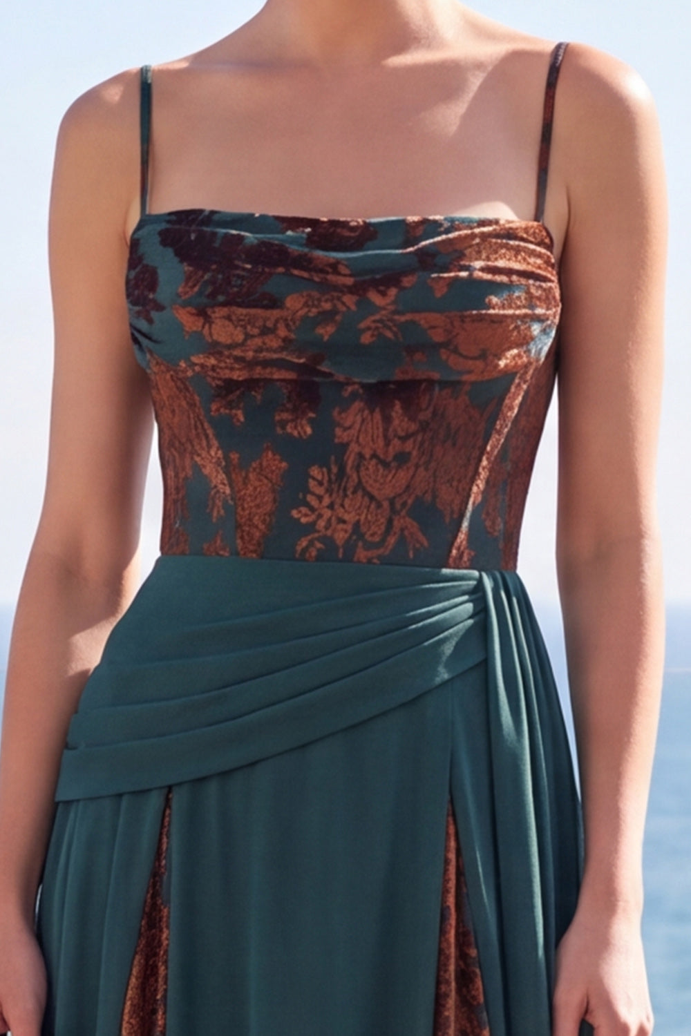 Dark Green Floral A Line Ruched Corset Long Velvet Holiday Dress