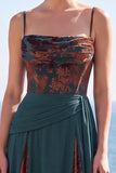 Dark Green Floral A Line Ruched Corset Long Velvet Holiday Dress