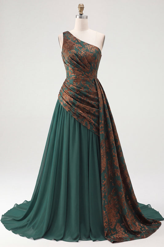 Dark Green A Line One Shoulder Ruched Long Velvet Holiday Dress