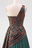 Dark Green A Line One Shoulder Ruched Long Velvet Holiday Dress