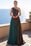 Dark Green A Line One Shoulder Ruched Long Velvet Holiday Dress