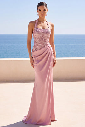 Floral Blush Satin Sequin Mermaid Halter Ruched Long Formal Dress
