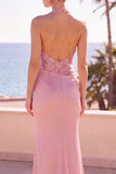 Floral Blush Satin Sequin Mermaid Halter Ruched Long Formal Dress