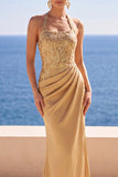 Floral Blush Satin Sequin Mermaid Halter Ruched Long Formal Dress