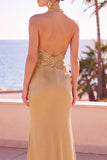Floral Blush Satin Sequin Mermaid Halter Ruched Long Formal Dress