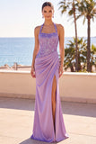 Floral Blush Satin Sequin Mermaid Halter Ruched Long Formal Dress