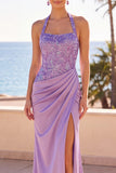 Floral Blush Satin Sequin Mermaid Halter Ruched Long Formal Dress