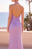 Floral Blush Satin Sequin Mermaid Halter Ruched Long Formal Dress