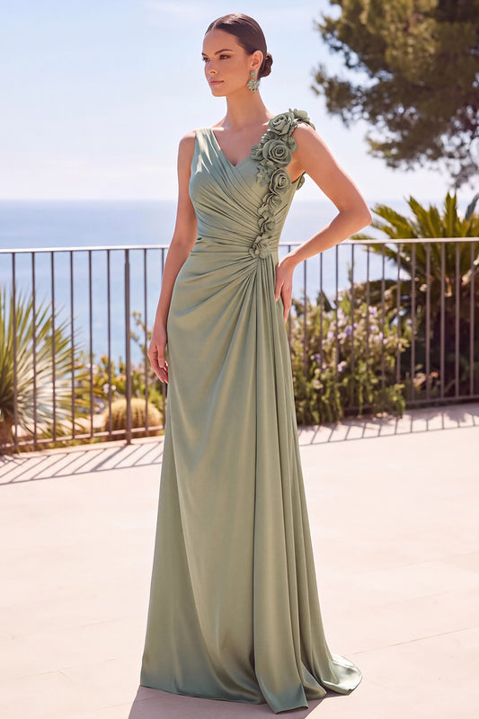 Sage Green Ruched Sheath V-Neck Long Formal Dress with 3D Flowers