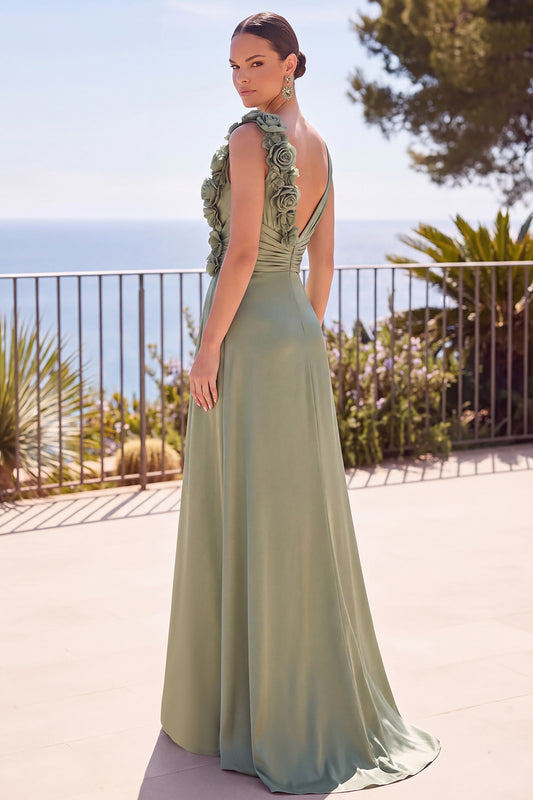 Sage Green Ruched Sheath V-Neck Long Formal Dress with 3D Flowers