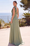 Sage Green Ruched Sheath V-Neck Long Formal Dress with 3D Flowers