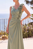 Sage Green Ruched Sheath V-Neck Long Formal Dress with 3D Flowers