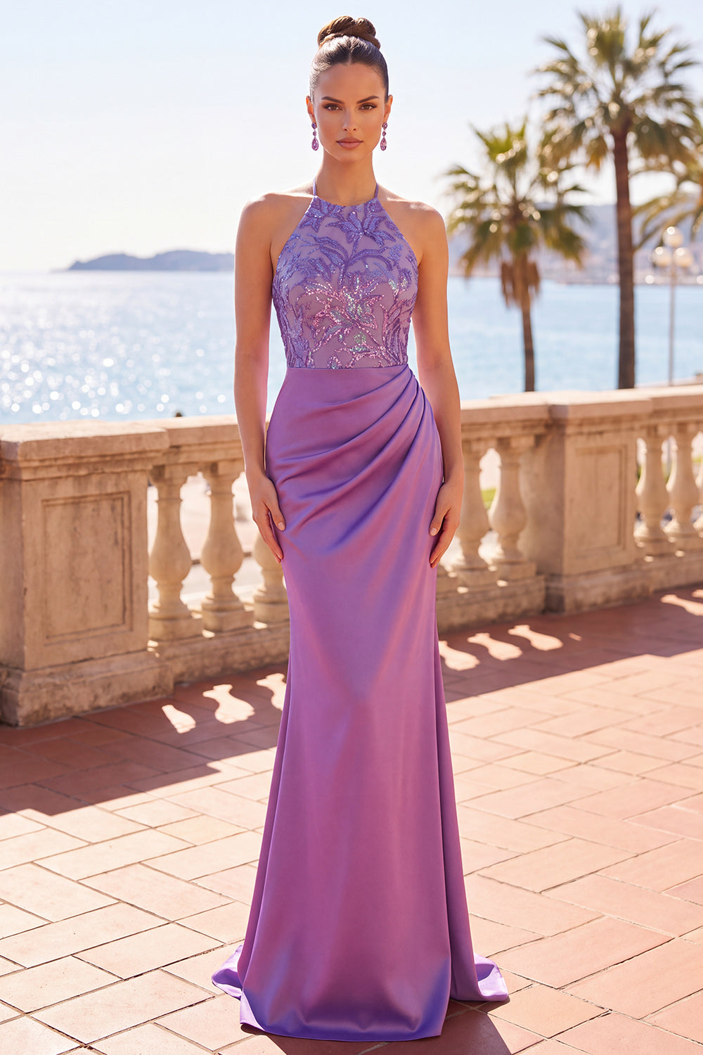 Purple Sequin Ruched Mermaid Halter Satin Long Floral Formal Dress