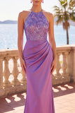 Purple Sequin Ruched Mermaid Halter Satin Long Floral Formal Dress