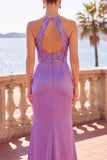 Purple Sequin Ruched Mermaid Halter Satin Long Floral Formal Dress