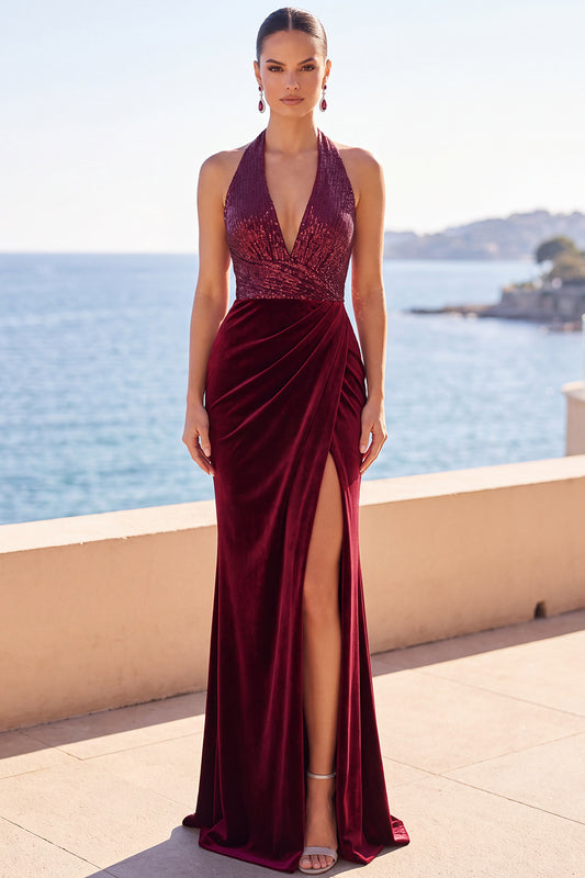 Burgundy Mermaid Halter Sequins Ruched Long Velvet Holiday Dress with Slit