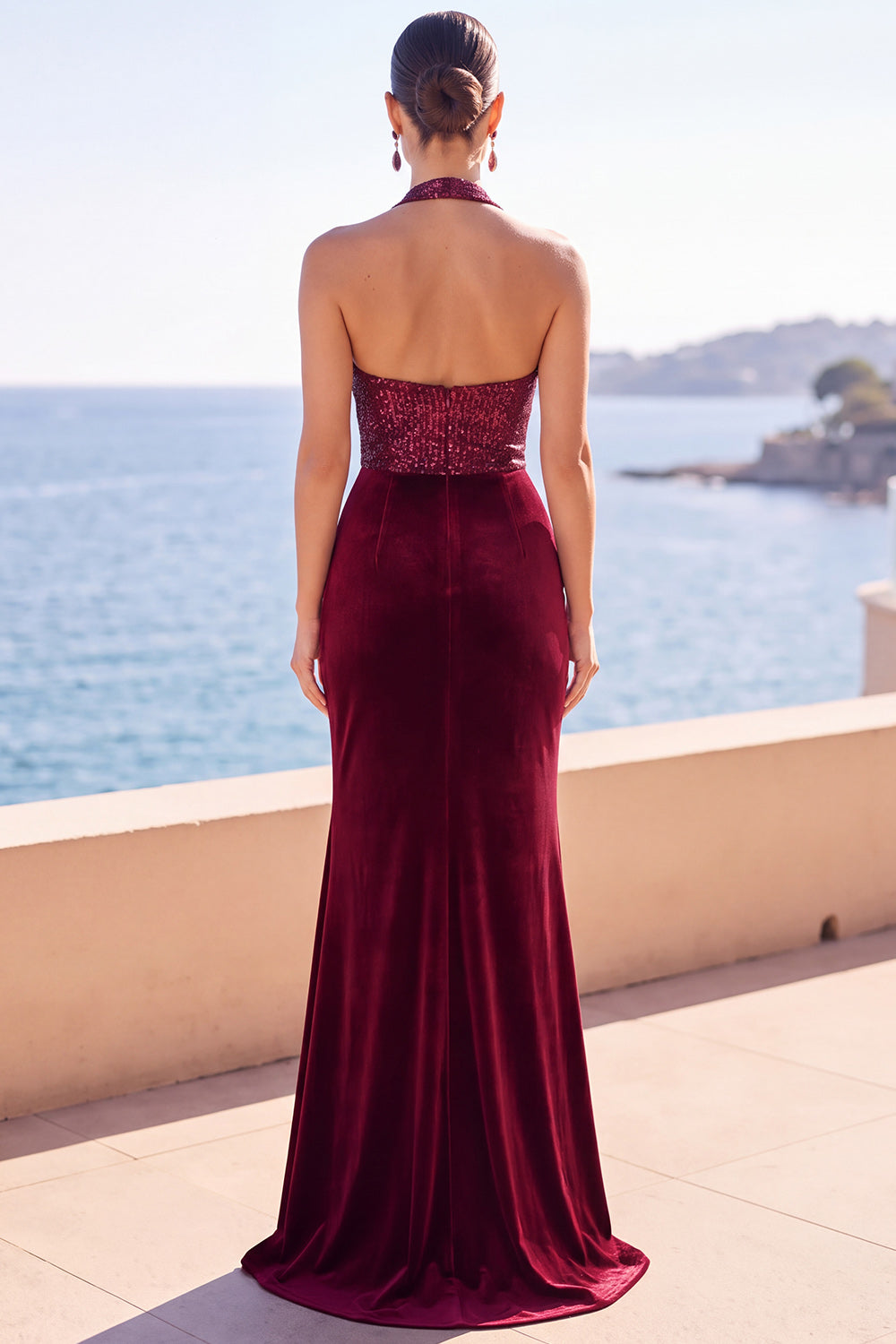 Burgundy Mermaid Halter Sequins Ruched Long Velvet Holiday Dress with Slit