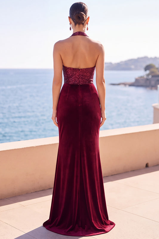 Burgundy Mermaid Halter Sequins Ruched Long Velvet Holiday Dress with Slit