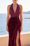 Burgundy Mermaid Halter Sequins Ruched Long Velvet Holiday Dress with Slit