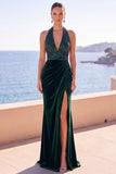 Burgundy Mermaid Halter Sequins Ruched Long Velvet Holiday Dress with Slit