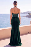 Burgundy Mermaid Halter Sequins Ruched Long Velvet Holiday Dress with Slit
