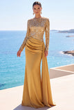 Sparkly Golden Sequin Mermaid Draped Long Sleeves Formal Dress with Sash