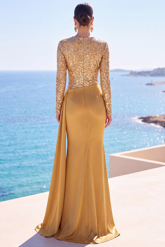 Sparkly Golden Sequin Mermaid Draped Long Sleeves Formal Dress with Sash