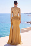 Sparkly Golden Sequin Mermaid Draped Long Sleeves Formal Dress with Sash
