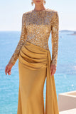 Sparkly Golden Sequin Mermaid Draped Long Sleeves Formal Dress with Sash