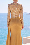 Sparkly Golden Sequin Mermaid Draped Long Sleeves Formal Dress with Sash
