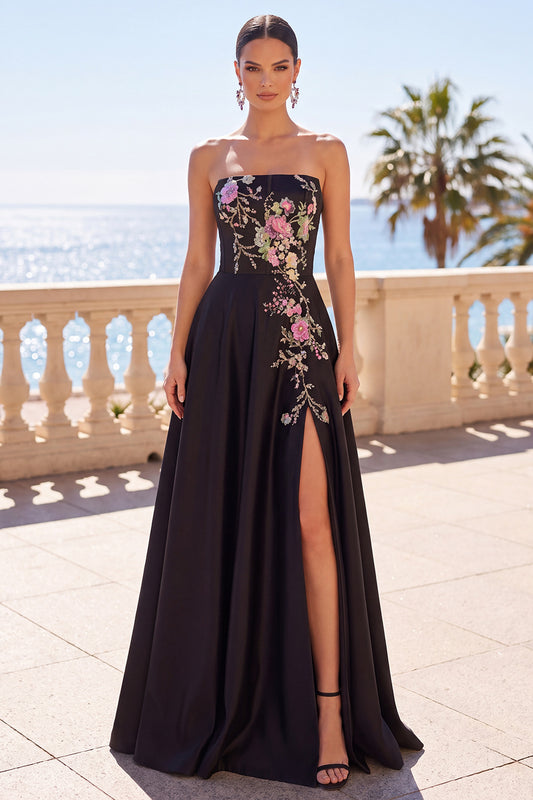 Floral Black Satin A-Line Strapless Long Corset Formal Dress with Slit
