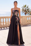 Floral Black Satin A-Line Strapless Long Corset Formal Dress with Slit