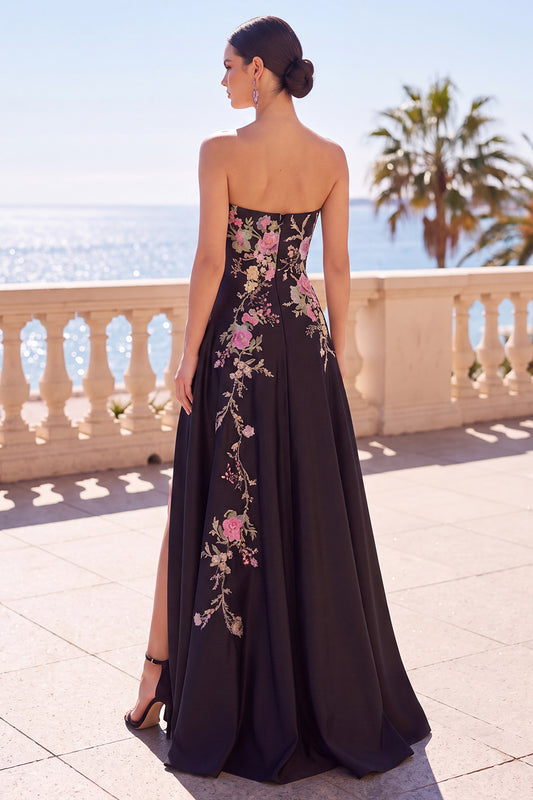 Floral Black Satin A-Line Strapless Long Corset Formal Dress with Slit