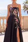 Floral Black Satin A-Line Strapless Long Corset Formal Dress with Slit